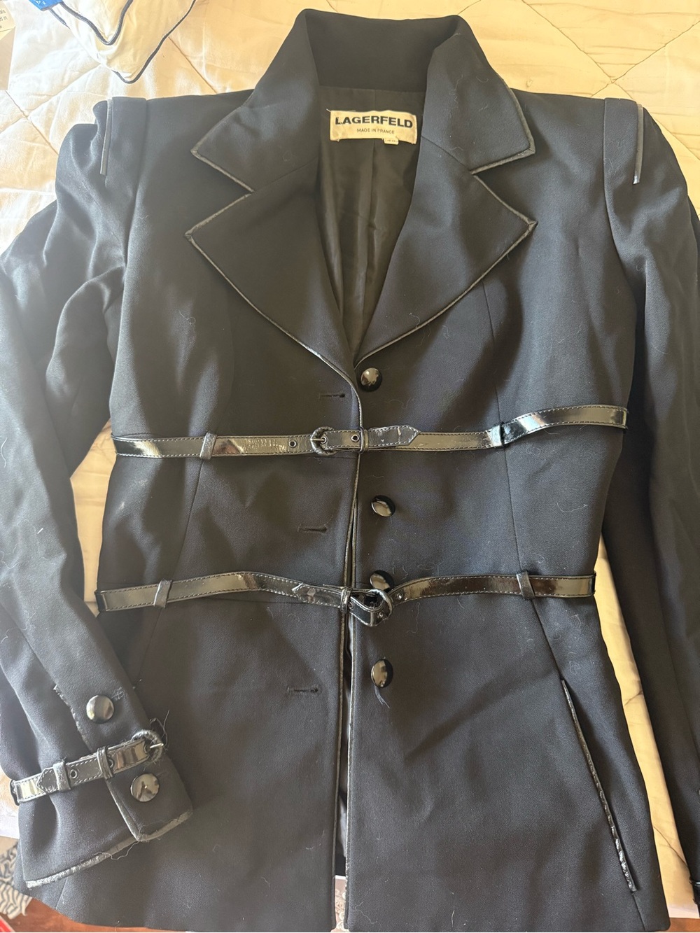 Vintage LAGERFELD Made in France Black Belted Blazer Jacket FR 40 80s/90s
